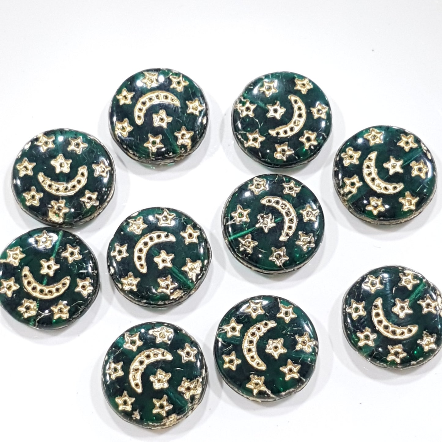 10pc Czech Emerald Gold Inlaid Star Beads