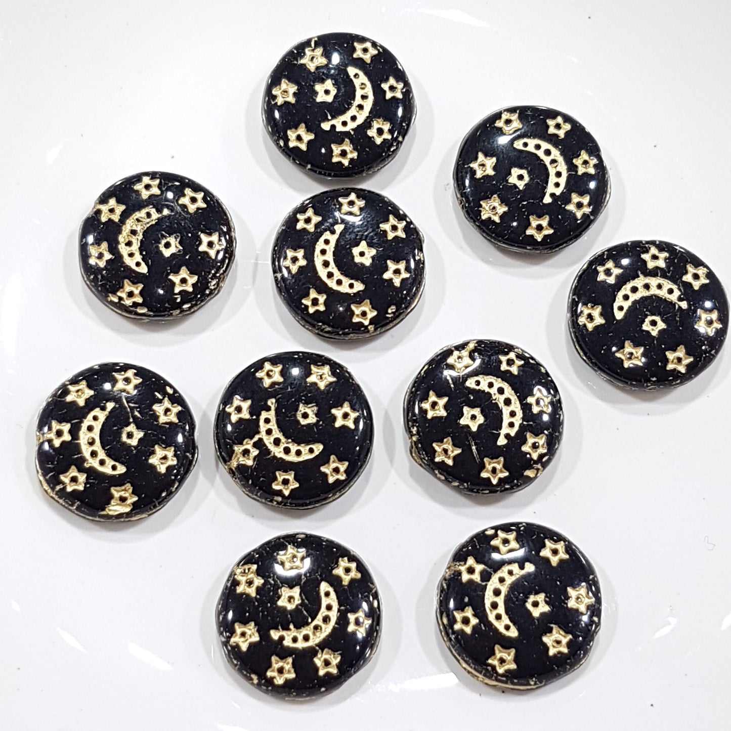 10pc Czech Gold Inlaid Moon Star Beads