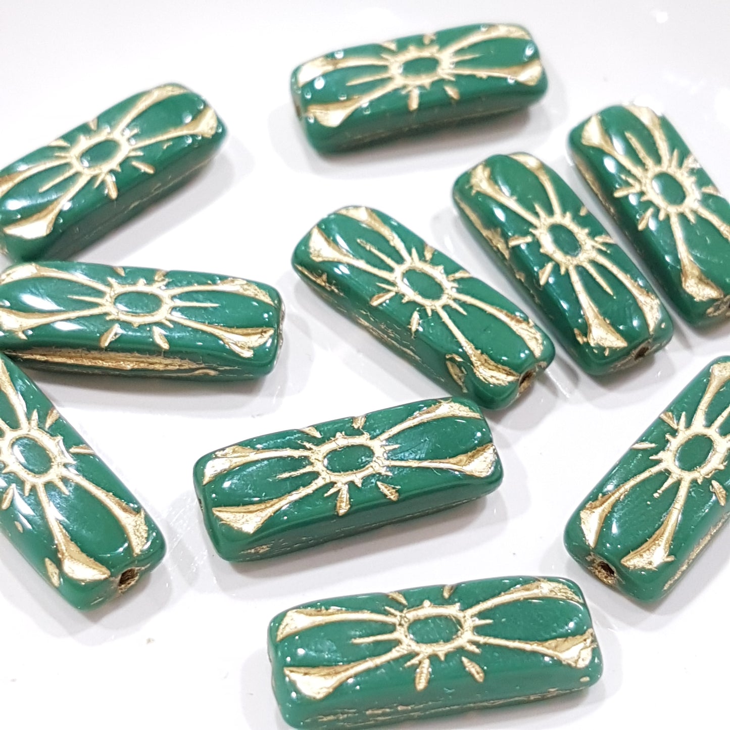 12pc Czech Gold Inlaid Rectangle Beads