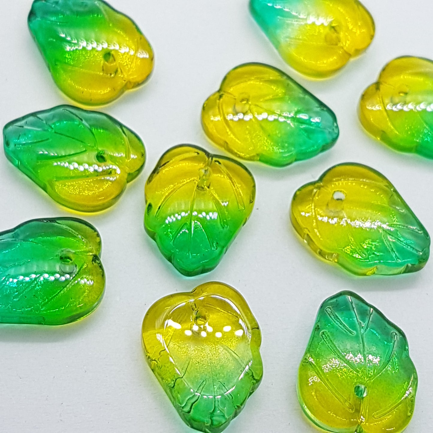 10pc Two Tone Green Yellow Glass Leaves