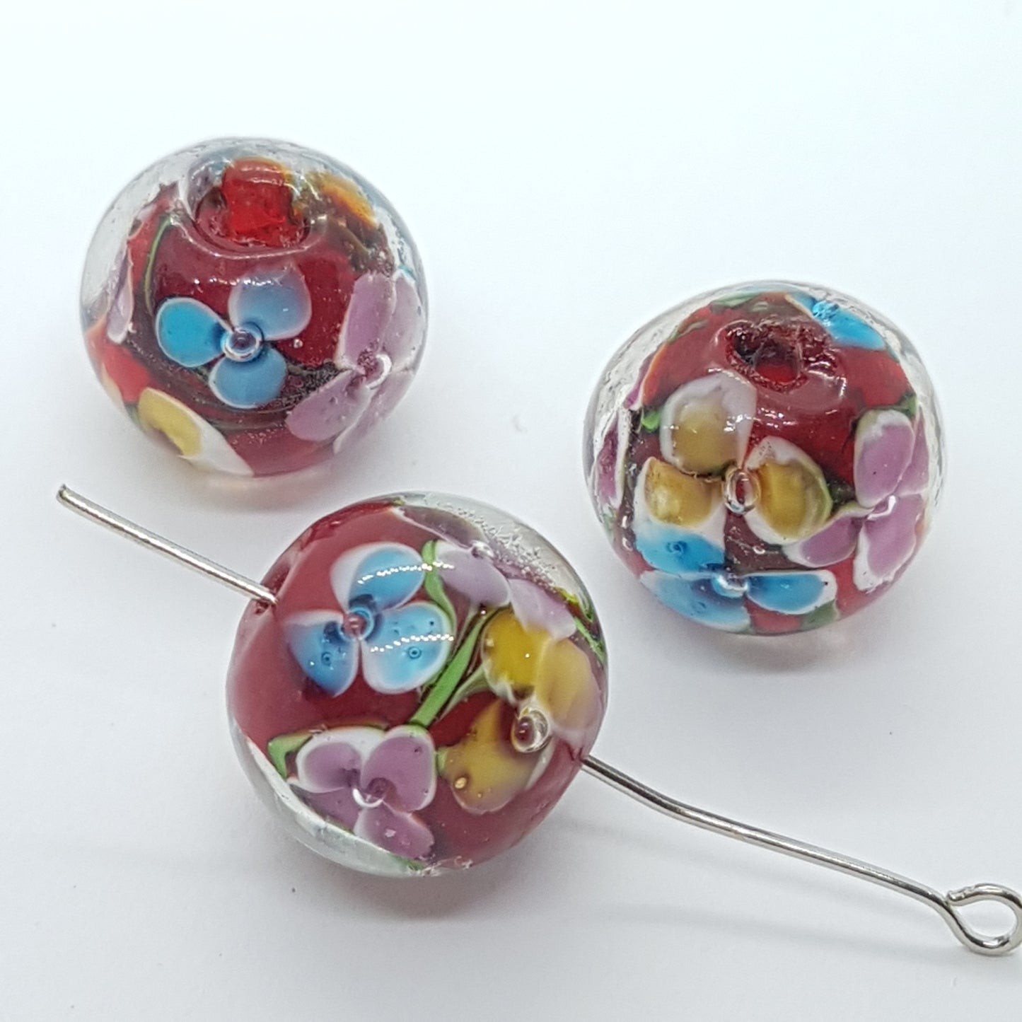 15mm Red Floral Lampwork Glass Bead