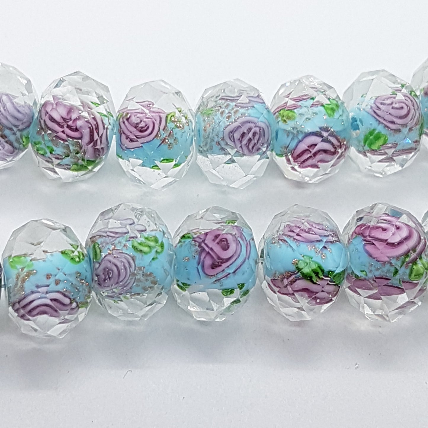 10pc Rose Faceted Rondelle Blue Glass Bead