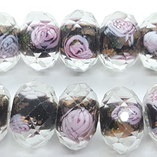 10pc Rose Faceted Rondelle Black Glass Bead