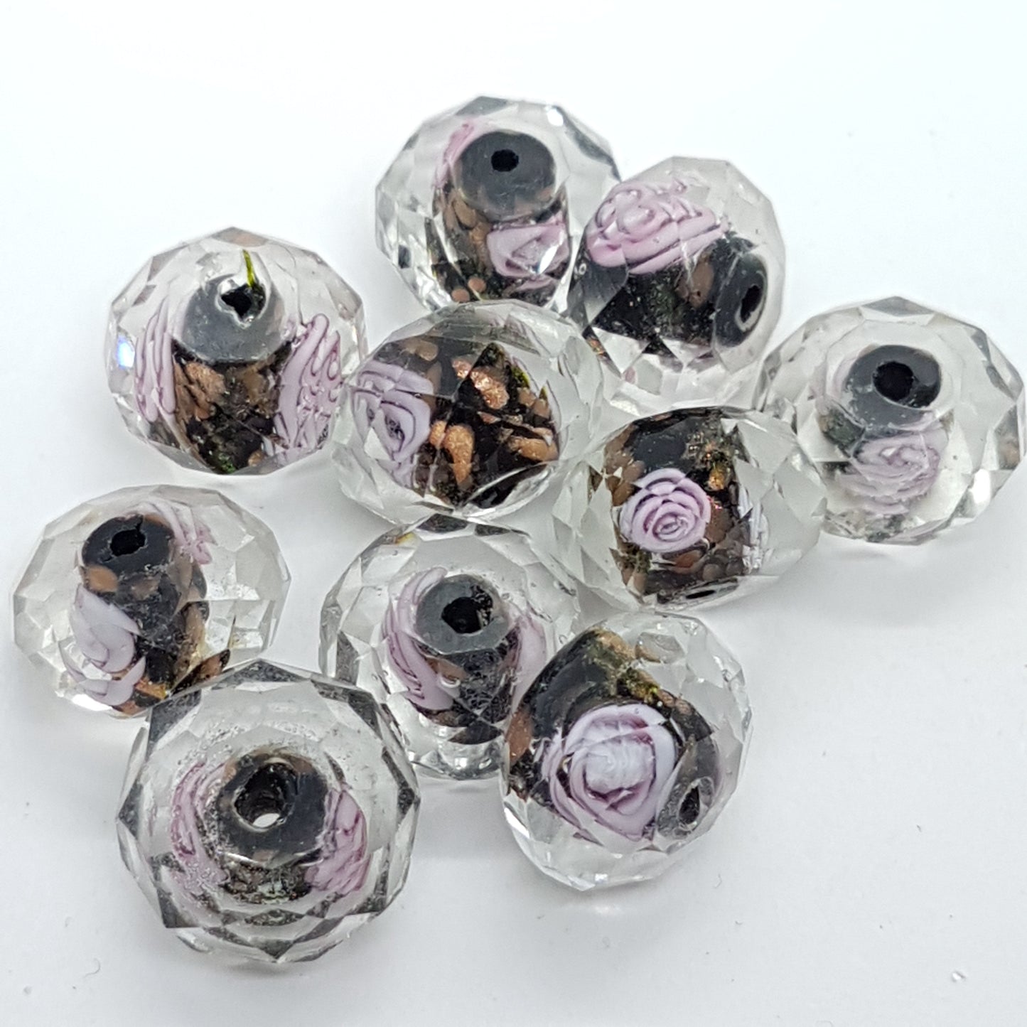 10pc Rose Faceted Rondelle Black Glass Bead