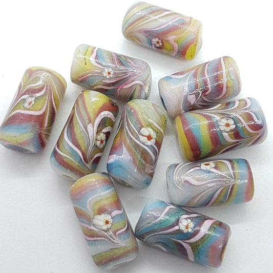 10pc Rainbow Swirl Cylinder Lampwork Bead
