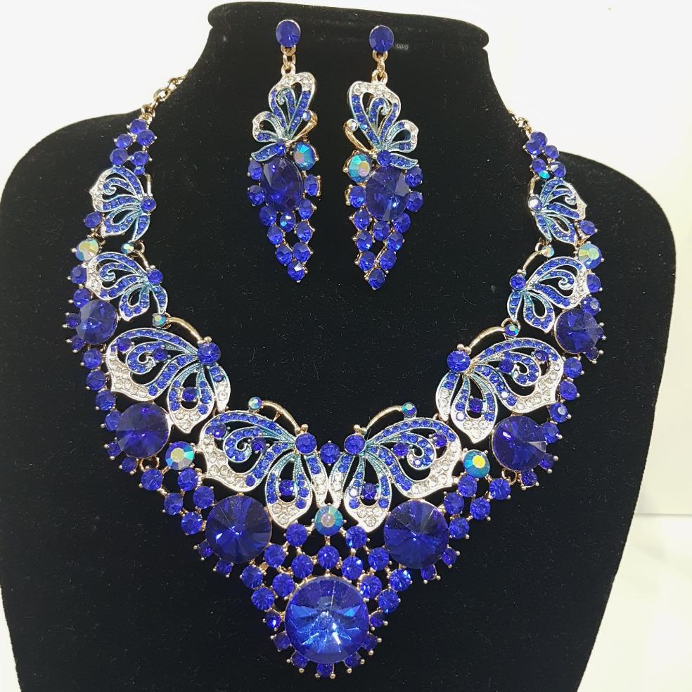 Blue Butterfly Rhinestone Necklace Set