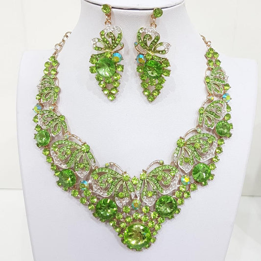 Green Butterfly Rhinestone Necklace Set