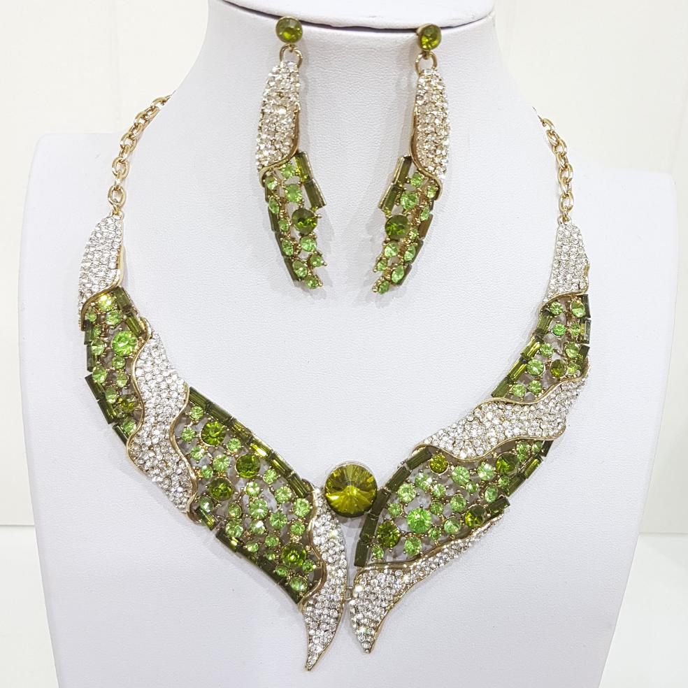 Green and Silver Rhinestone Necklace Set