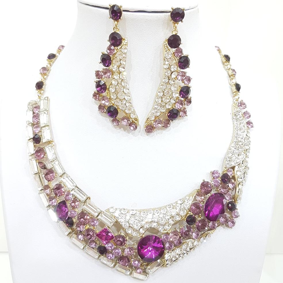 Purple and Silver Rhinestone Necklace Set