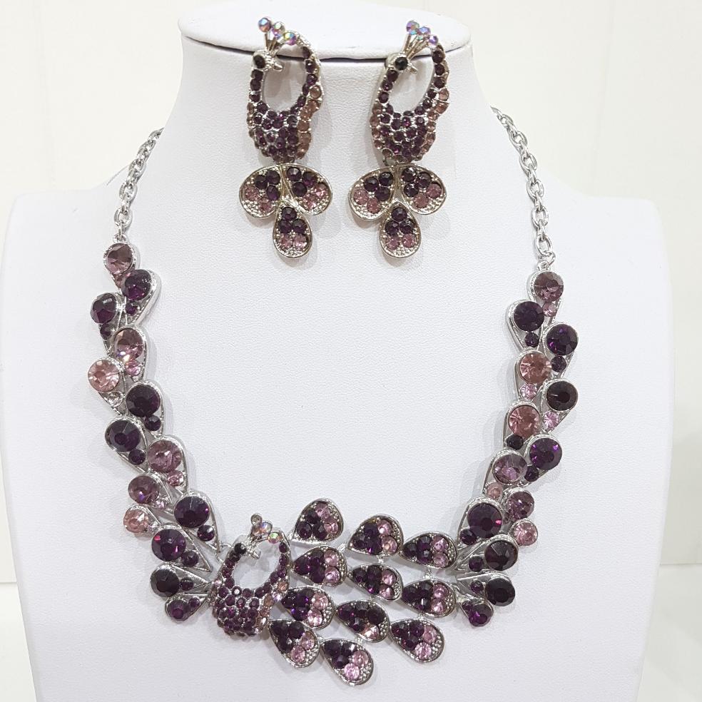 Purple Peacock Necklace Earring Set
