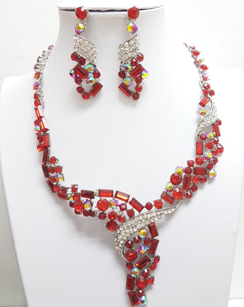 Red and Silver Rhinestone Necklace Set