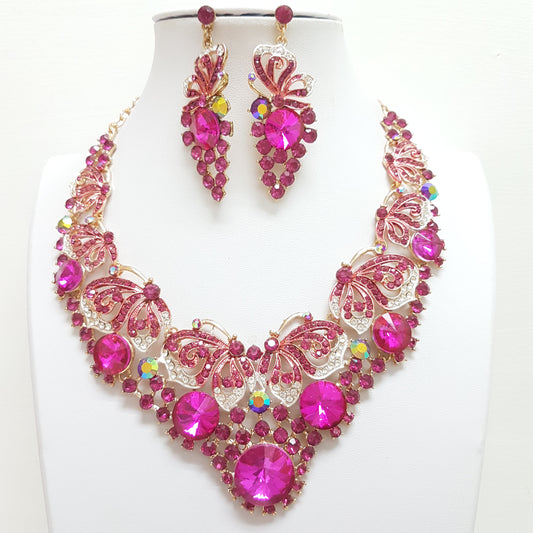 Fuchsia Butterfly Rhinestone Necklace Set