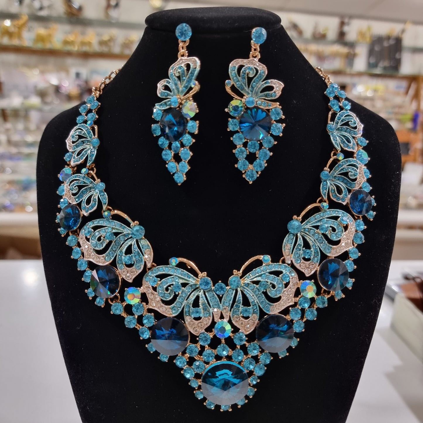 Blue Butterfly Rhinestone Necklace Set