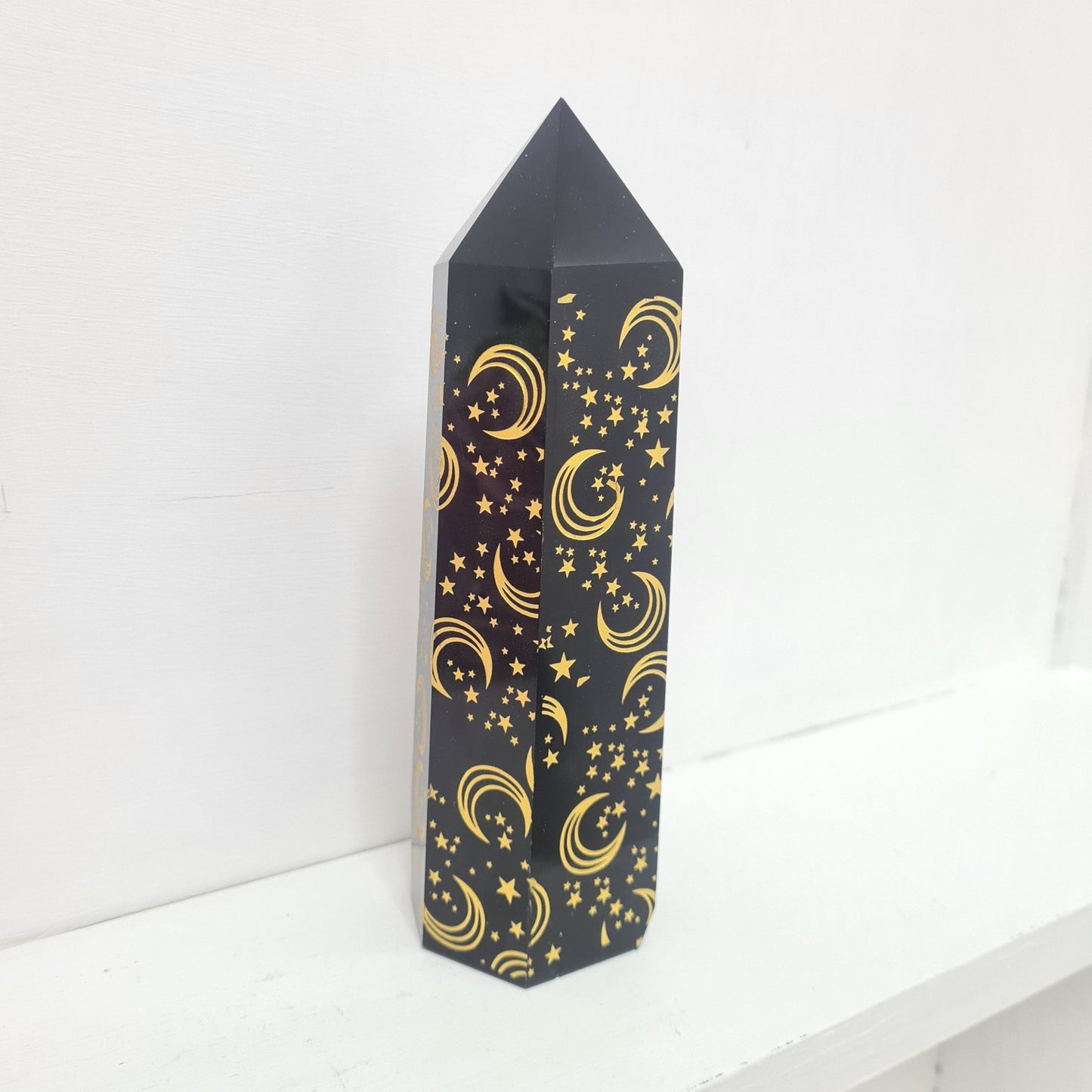 Black Obsidian Tower with Moon and Star Carving