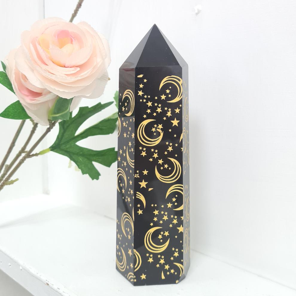 Black Obsidian Tower with Moon and Star Carving