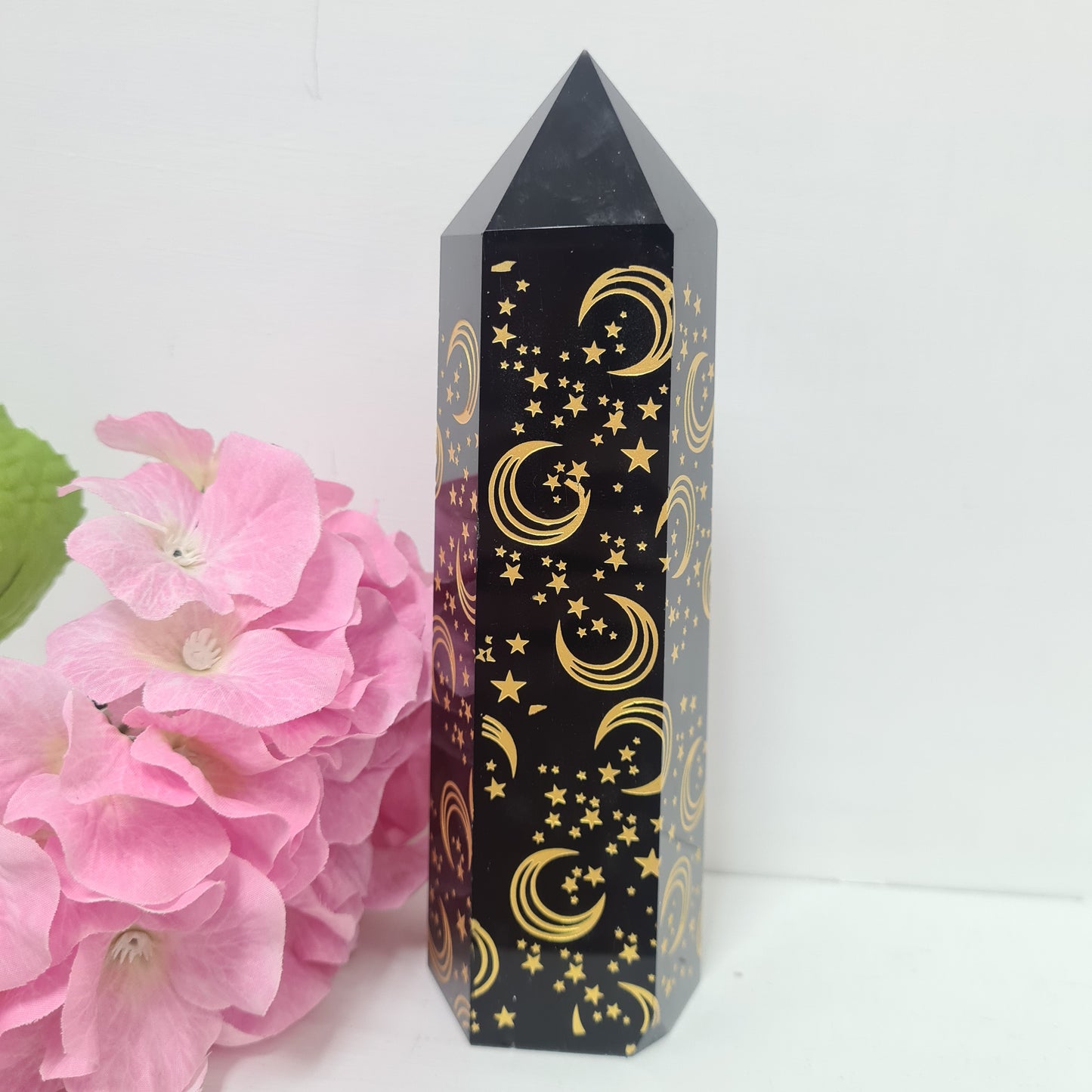 Black Obsidian Tower with Moon and Star Carving
