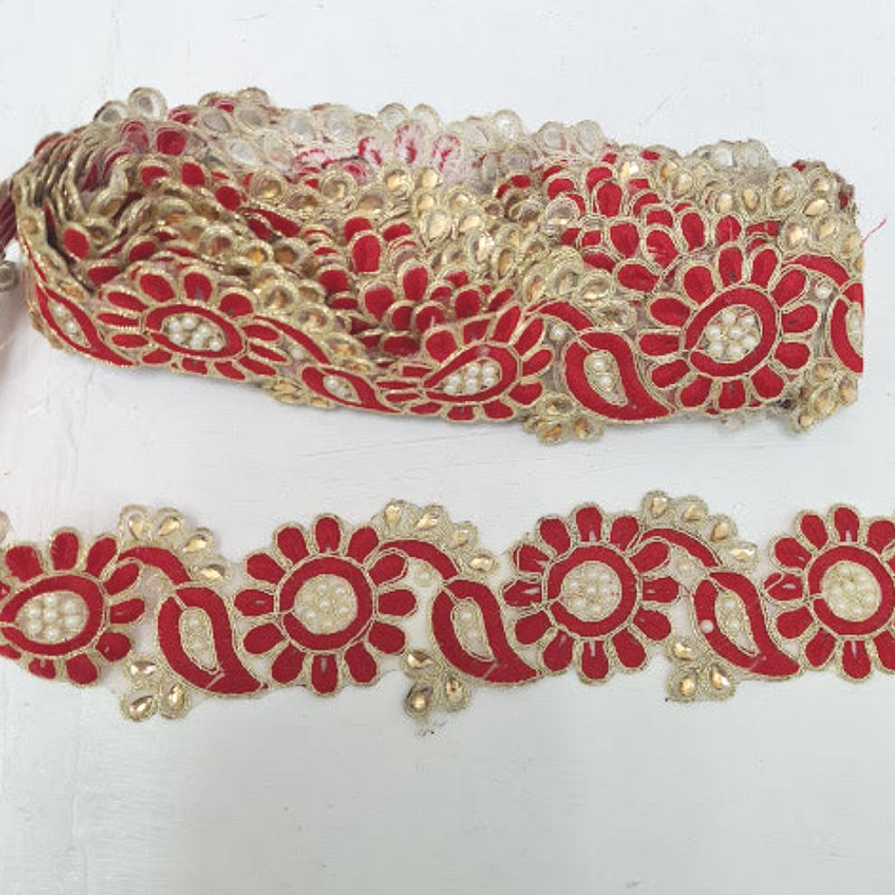 Red Flower, Gold & Pearl Trim