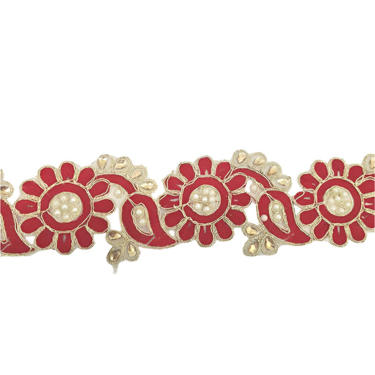 Red Flower, Gold & Pearl Trim