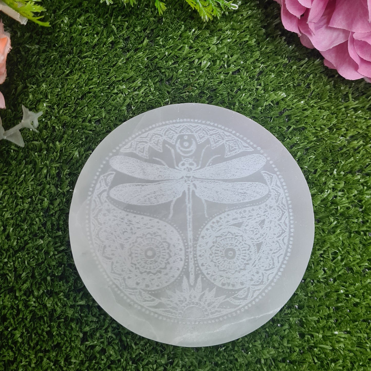 Selenite Dragonfly Round Plate