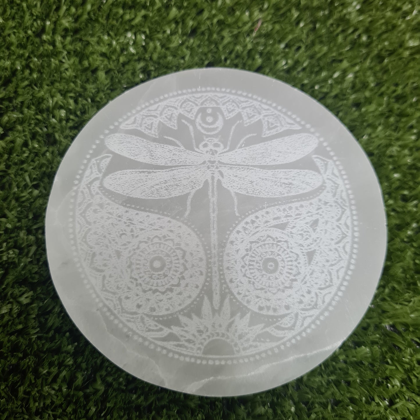 Selenite Dragonfly Round Plate