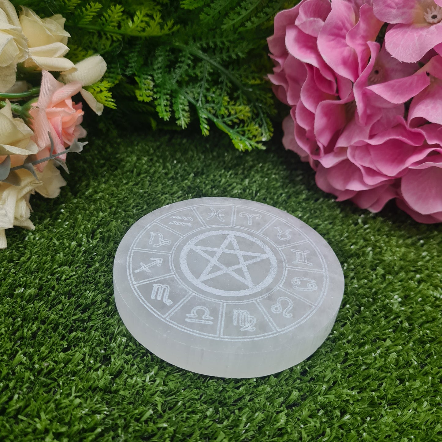 Selenite Zodiac Round Plate