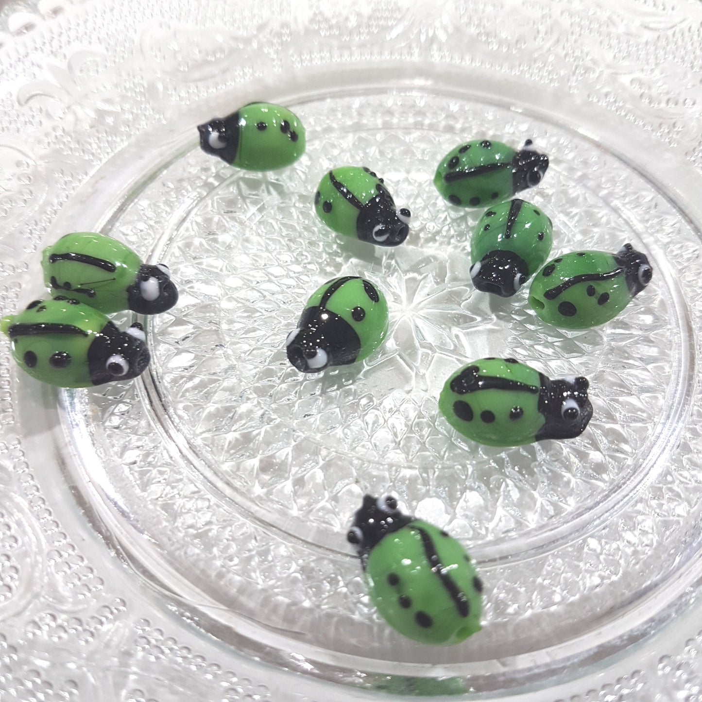 Green Lampwork Ladybird Beads