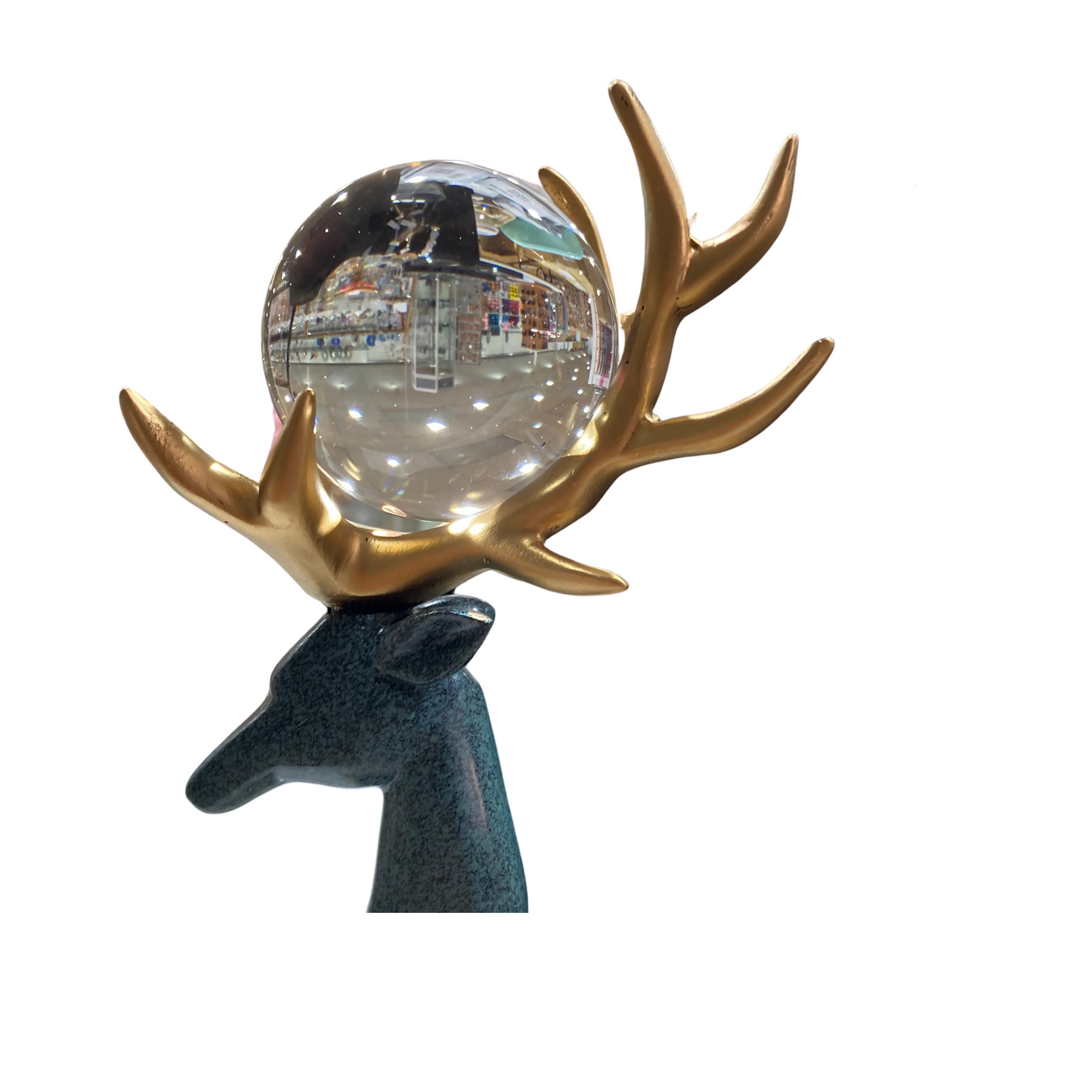 Blue and Gold Sitting Deer with Glass Ball