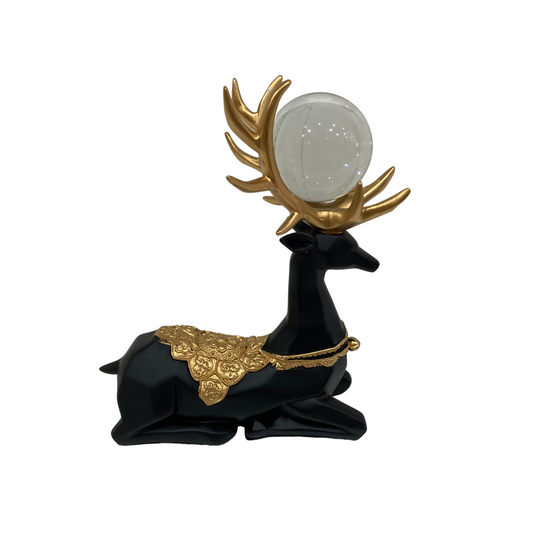 Black and Gold Sitting Deer with Glass Ball