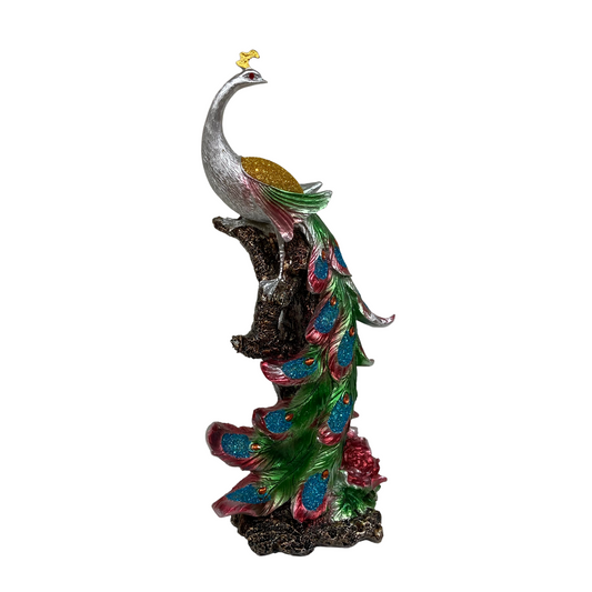 Silver Colourful Peacock Statue