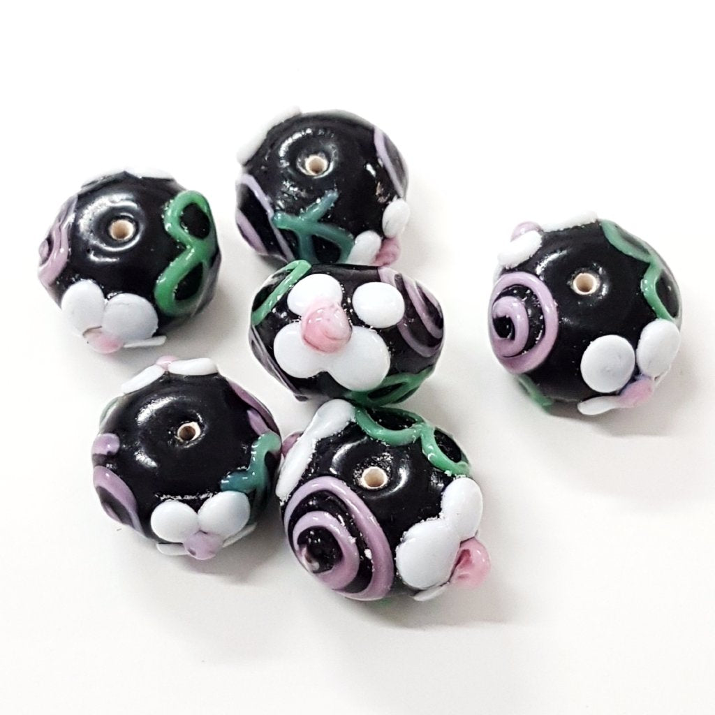 Black and White Floral Glass Bead