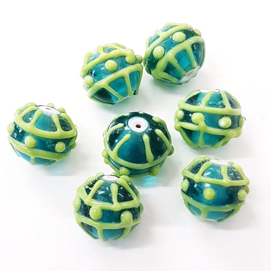 Blue and Green Patterned Lampwork Bead